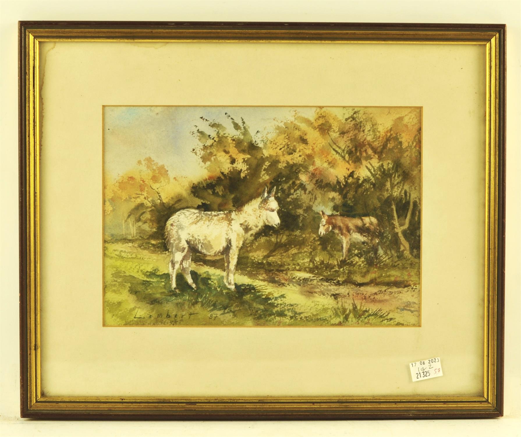 Lambert (French 19th century), Donkeys by a Fence; Donkeys under Trees, a pair of watercolours,