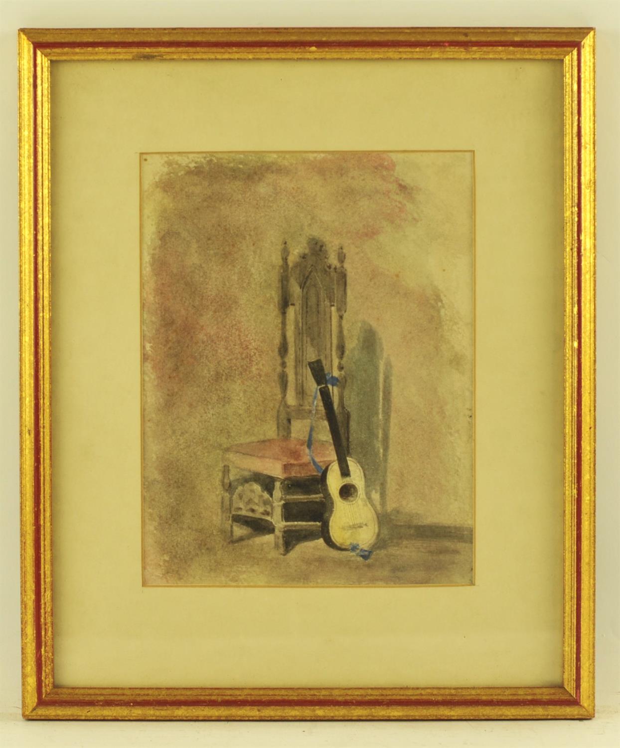 English School (19th/20th century), A Guitar leaning against a chair, watercolour,
