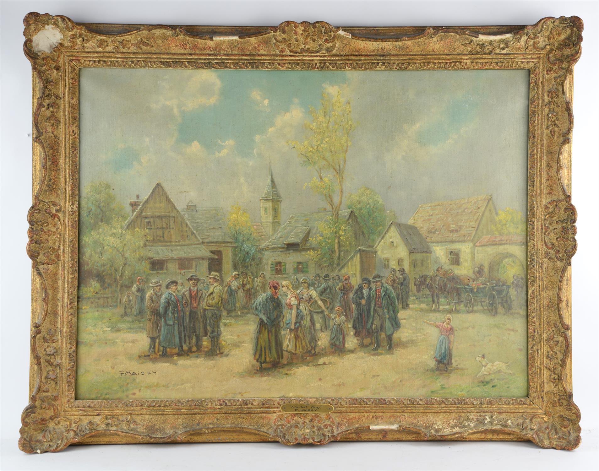 F. Maisky (20th century), Market Day, Figures in a town square, oil on canvas, signed lower left,