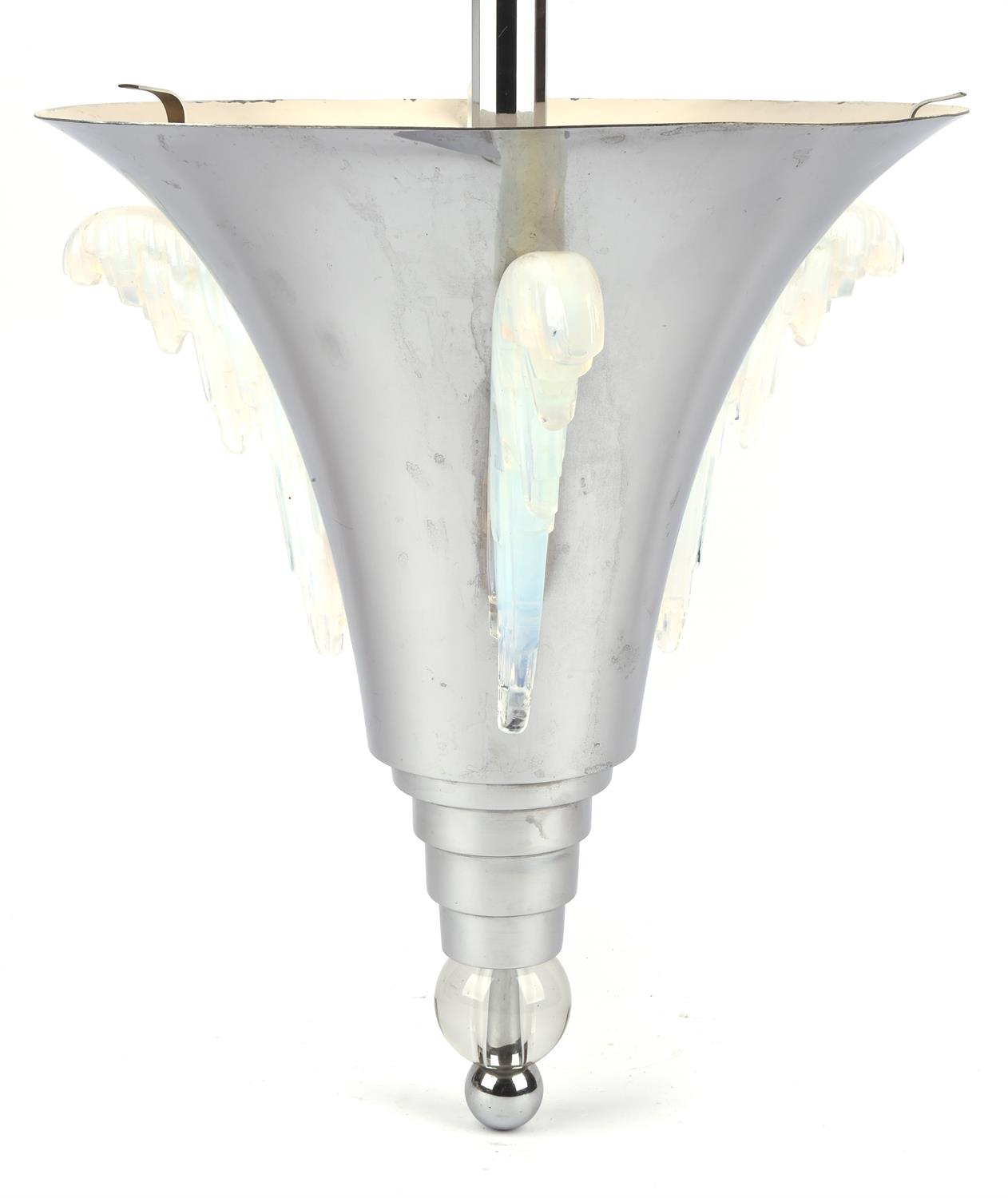 Unknown designer, a chromed metal and glass pendant light, with applied frosted glass mounts, - Image 2 of 3