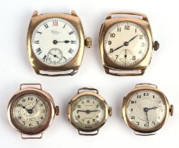 A group of five watches, including a Waltham gentleman's wristwatch, the white enamel dial with