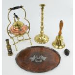 A group of brass and copper collectables including ; a late 18th century brass warming pan, 105cm,