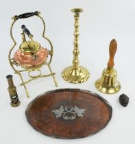 A group of brass and copper collectables including ; a late 18th century brass warming pan, 105cm,