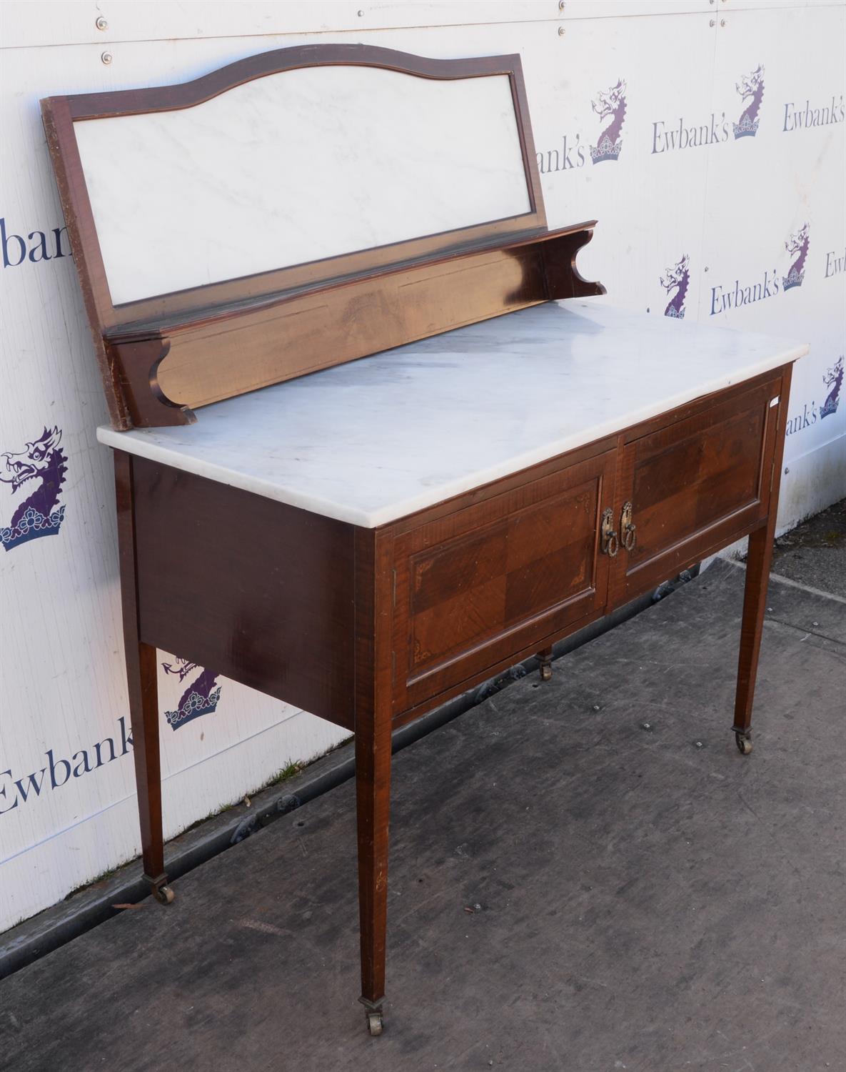 An Edwardian mahogany and inlaid washstand, with marble splashback and marble top, with two doors, - Image 3 of 3