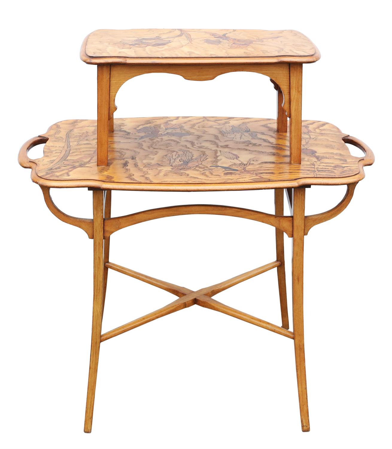 An Art Nouveau elm and inlaid two tier occasional table, 1900s, in the Majorelle style,