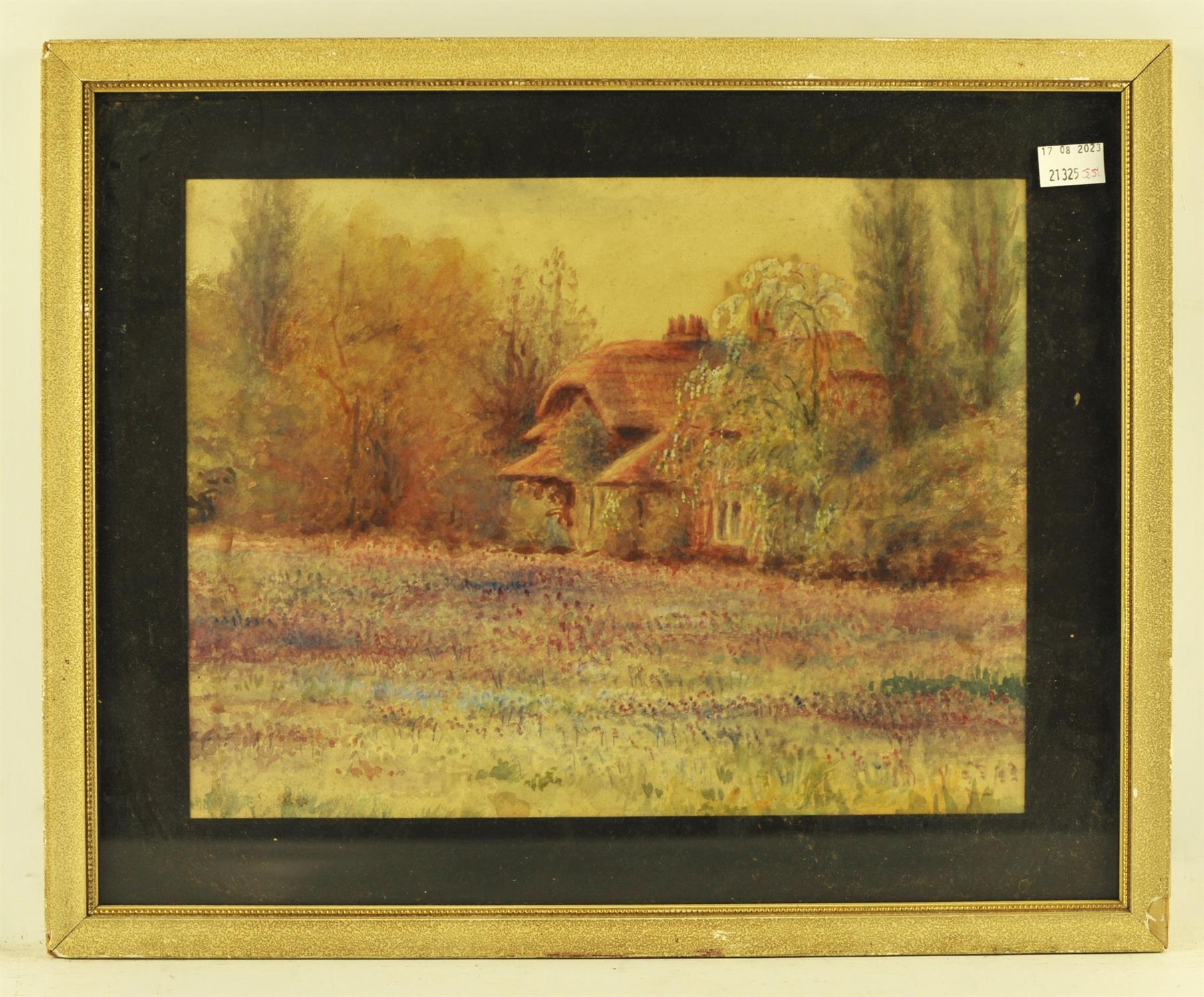 English School, View of Queen’s cottage, Kew Gardens, watercolour, indistinctly signed lower right,