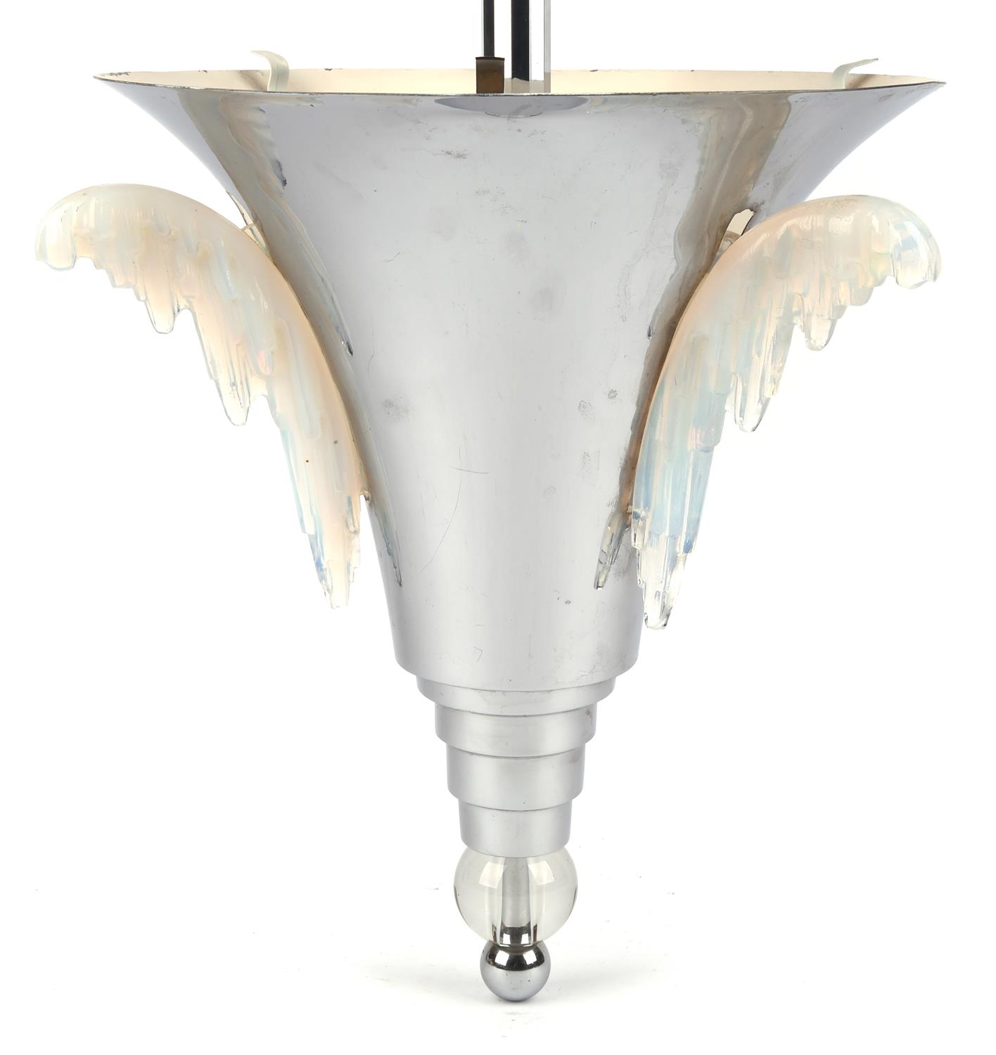Unknown designer, a chromed metal and glass pendant light, with applied frosted glass mounts,