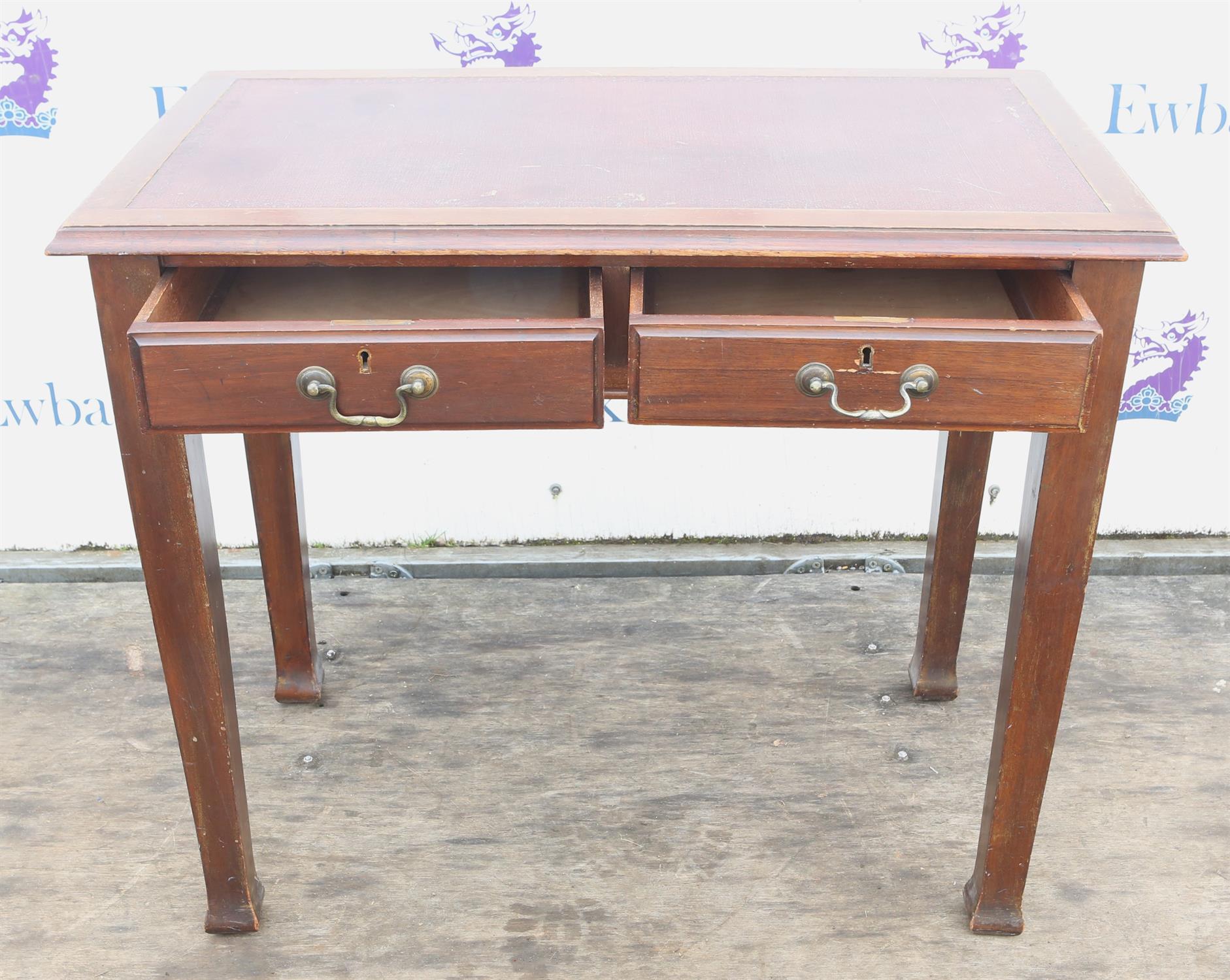 Rectangular mahogany desk, late 19th Century, with cloth writing surface, above two frieze drawers, - Image 2 of 2