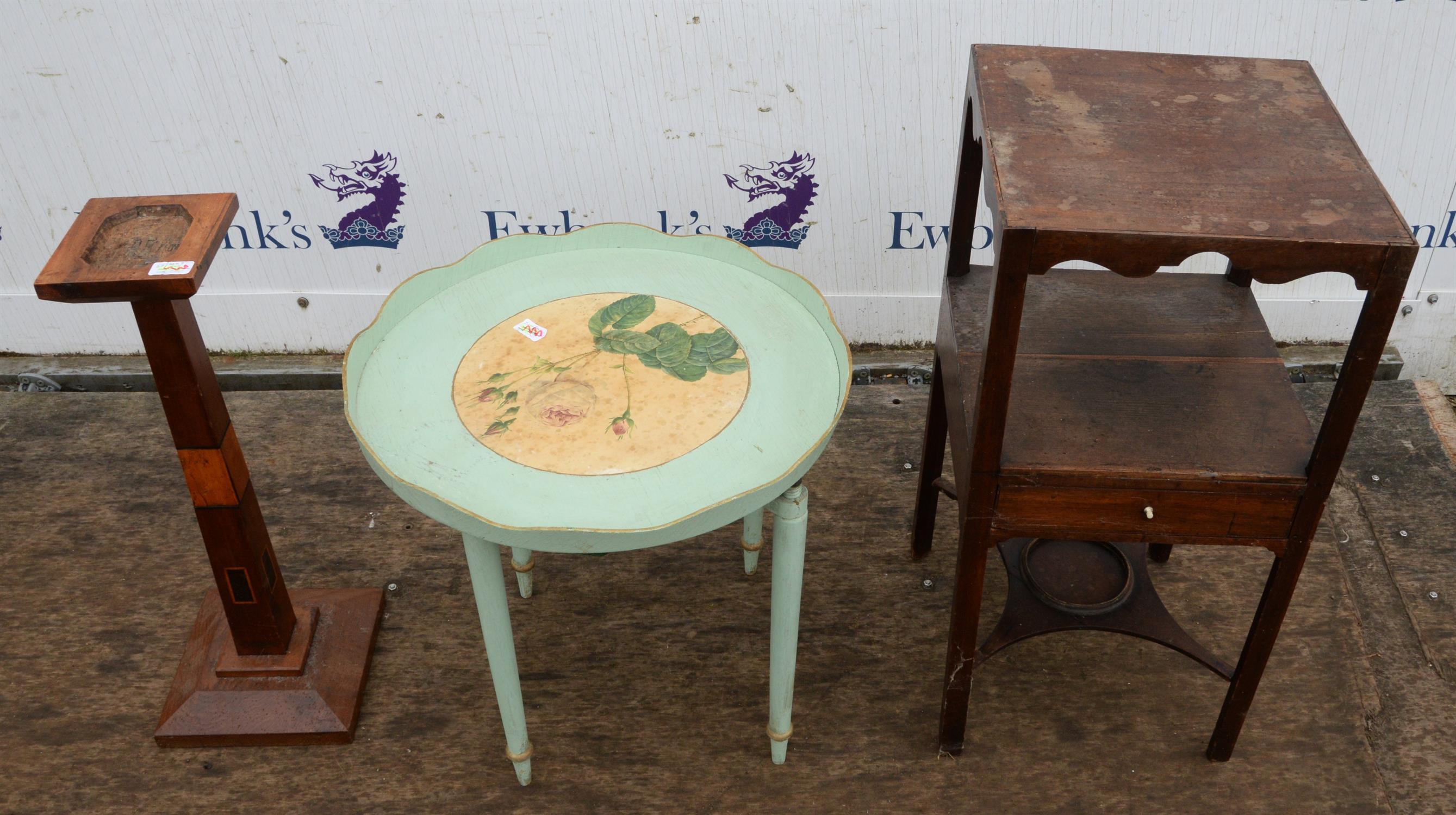 A Victorian style green painted tray on stand, 1930s/40s, H 45cm, Diam. 51cm, together with a 1930s - Image 2 of 2