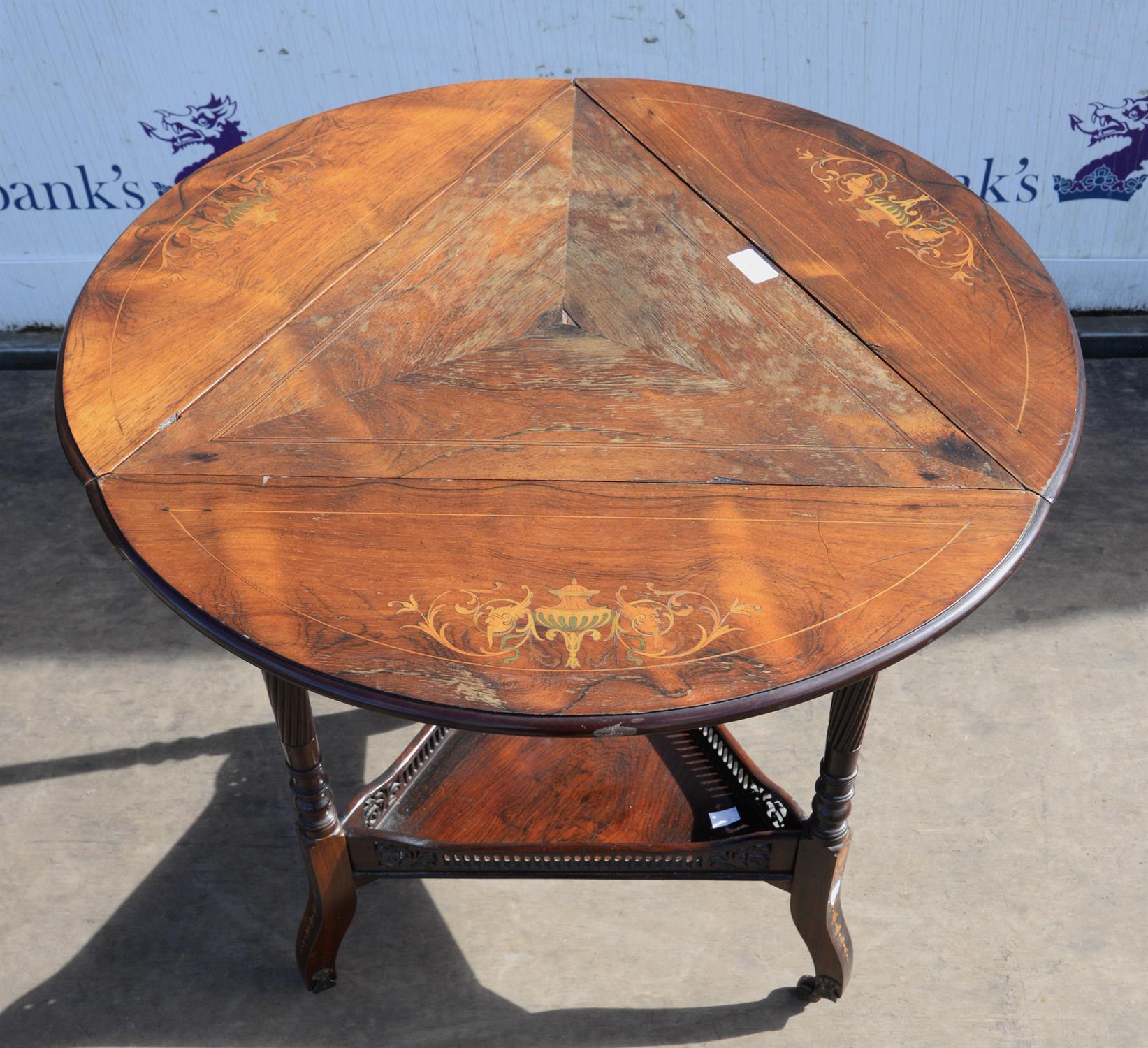 An Edwardian rosewood and inlaid envelope occasional table, each flap inlaid with flowering urns, - Image 3 of 4