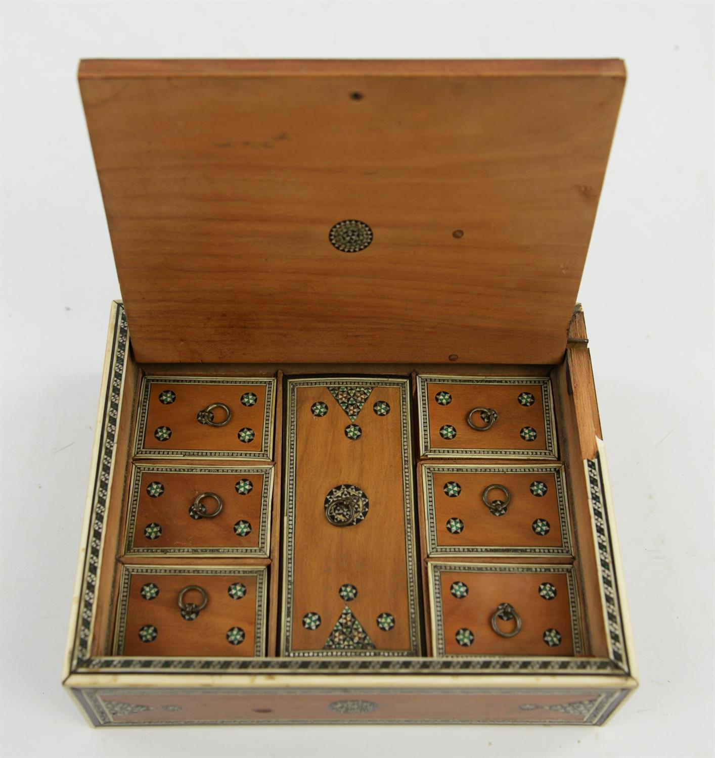 Anglo-Indian bone and metal inlaid box, 19th Century, with lifting lid to enclose seven segregated - Image 4 of 4