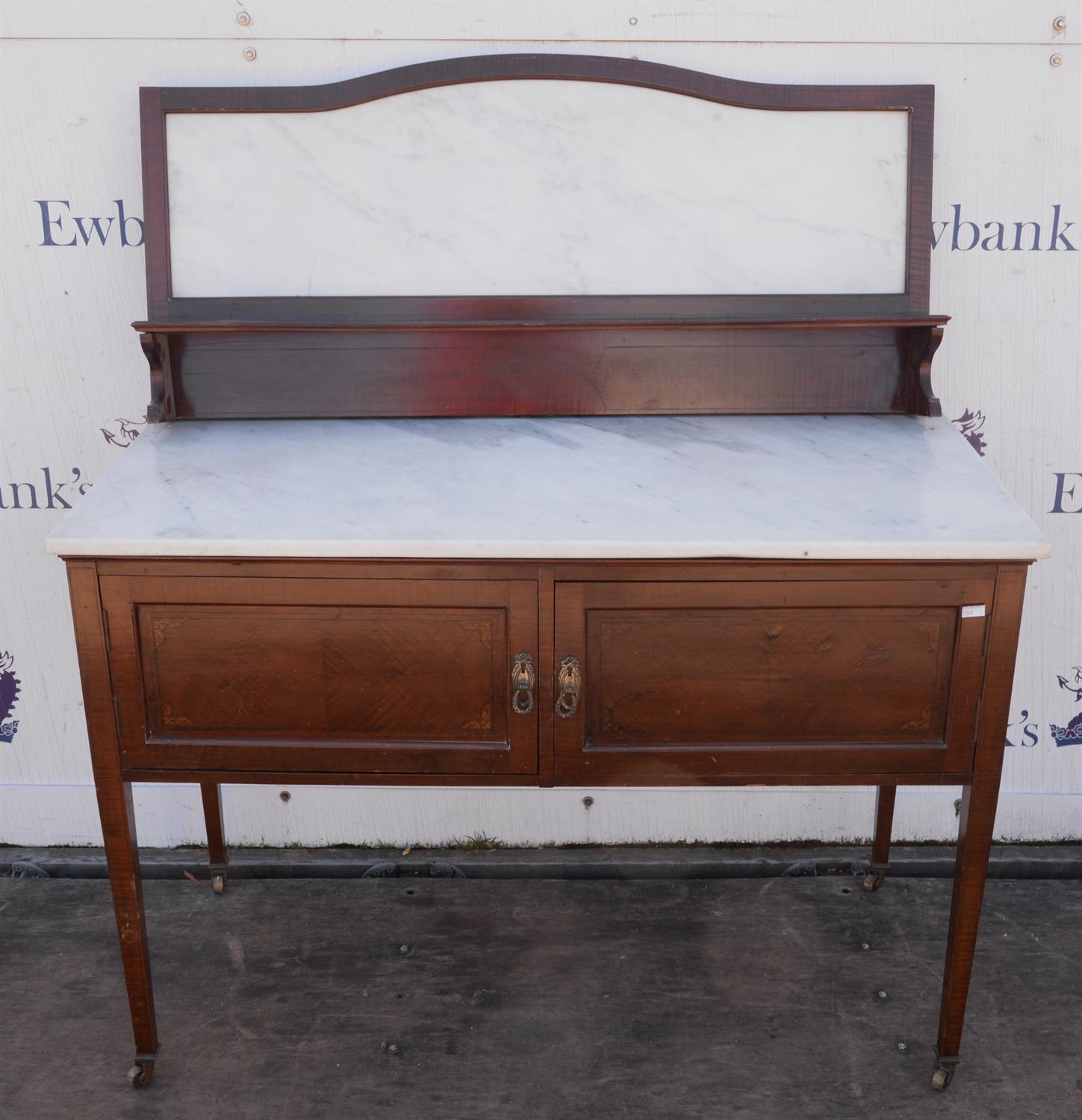 An Edwardian mahogany and inlaid washstand, with marble splashback and marble top, with two doors,