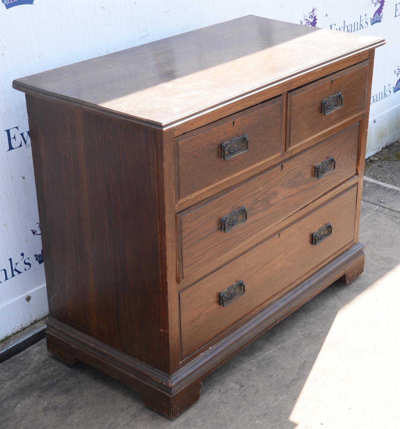 An Edwardian oak dressing chest of drawers, formerly with mirror surmount, the bracket feet with - Image 3 of 4