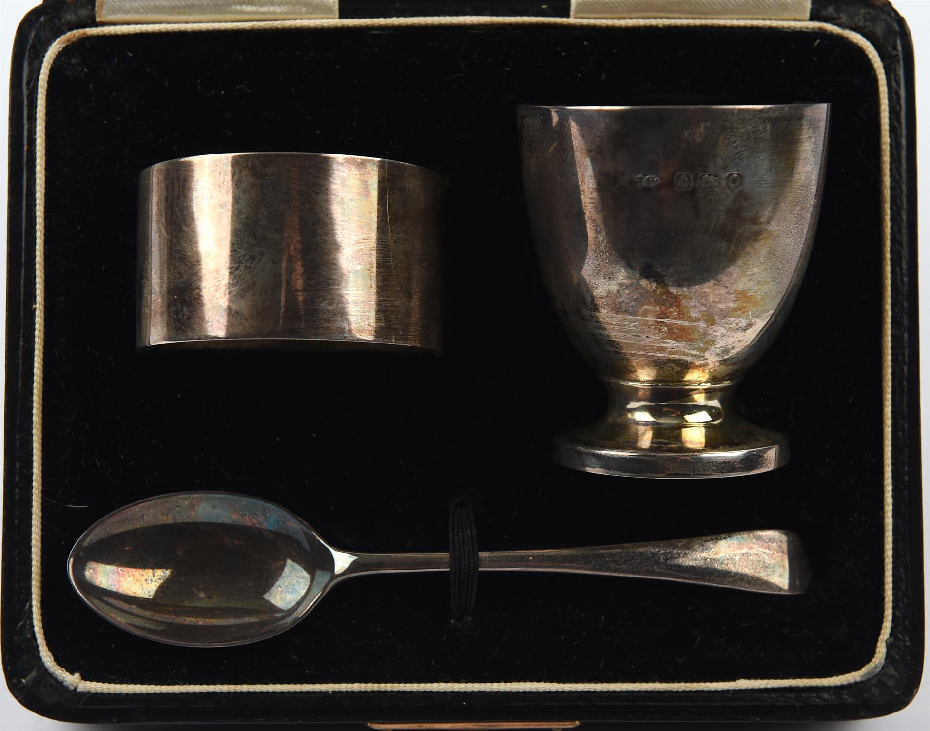 Cased 3 piece silver christening set comprising of an egg cup bears inscription 'to Timothy Oliver - Image 2 of 2