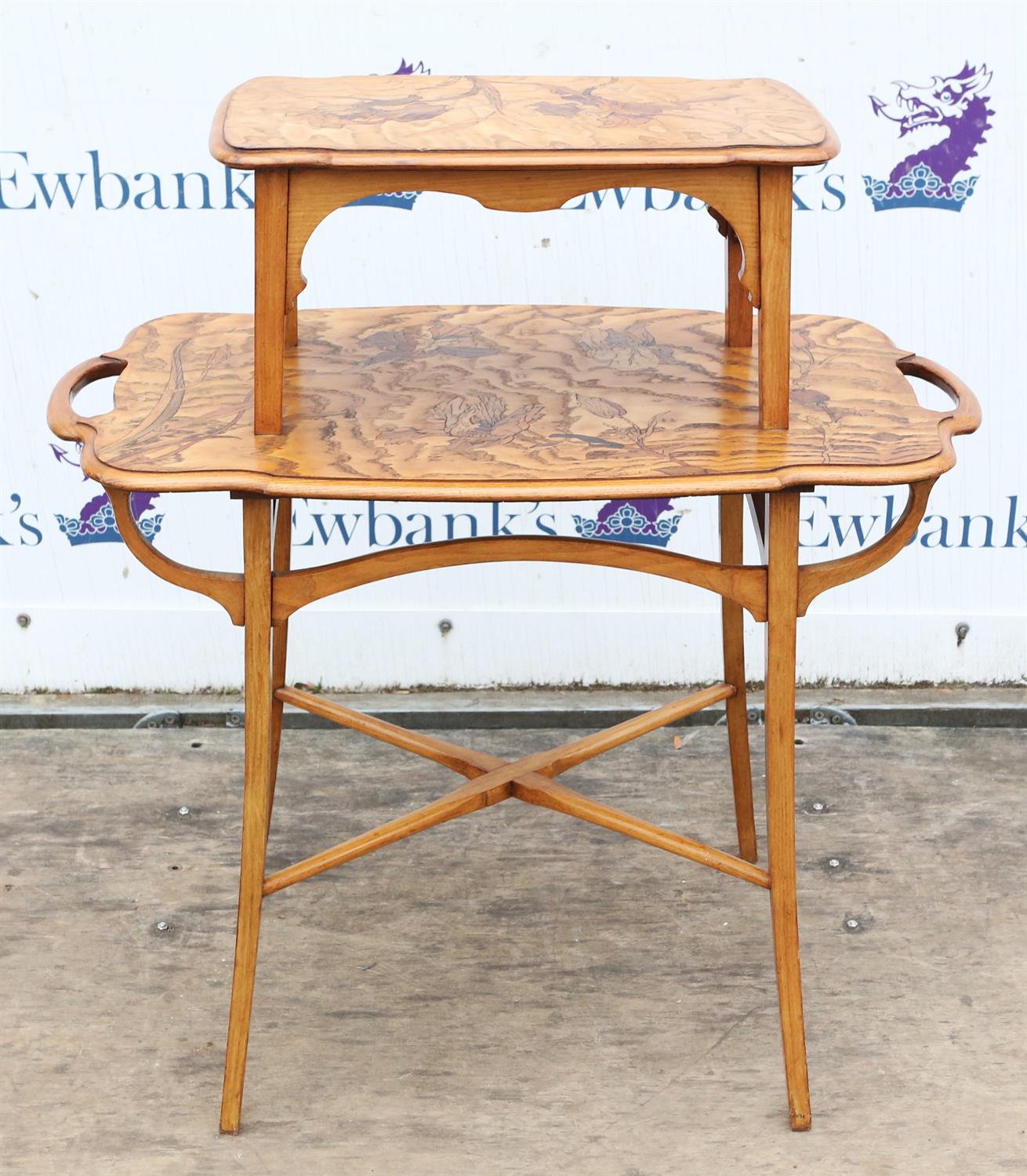 An Art Nouveau elm and inlaid two tier occasional table, 1900s, in the Majorelle style, - Image 3 of 6