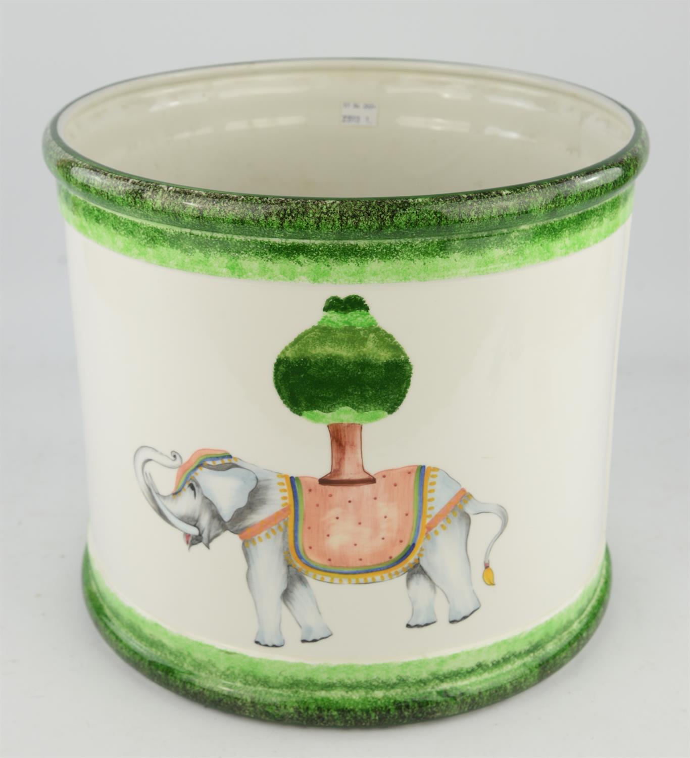 Large Italian Decorato A Mano planter of drum form painted decoration of an elephant H 30cm Dia.