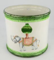 Large Italian Decorato A Mano planter of drum form painted decoration of an elephant H 30cm Dia.
