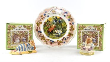 Fourteen Royal Doulton 'Bramley Hedge' porcelain figures and three collectors plates, all boxed.