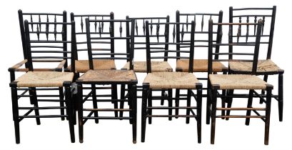 AMENDED DESCRIPTION, Manner of Morris & Co., nine Sussex type ebonised chairs, circa 1900,
