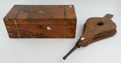 A pair of elm and leather bellows, 20th Century, 67cm, together with a walnut brass bound writing