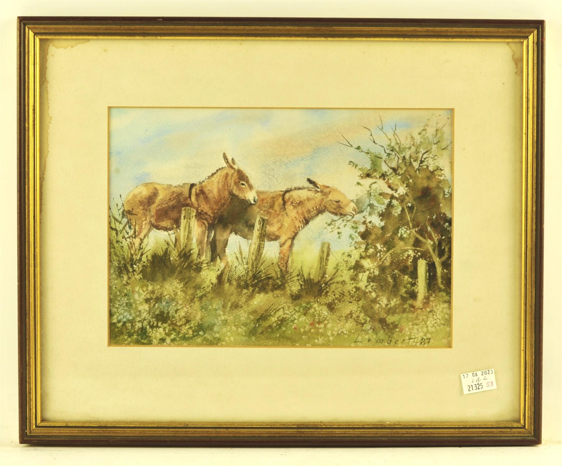 Lambert (French 19th century), Donkeys by a Fence; Donkeys under Trees, a pair of watercolours, - Image 2 of 2