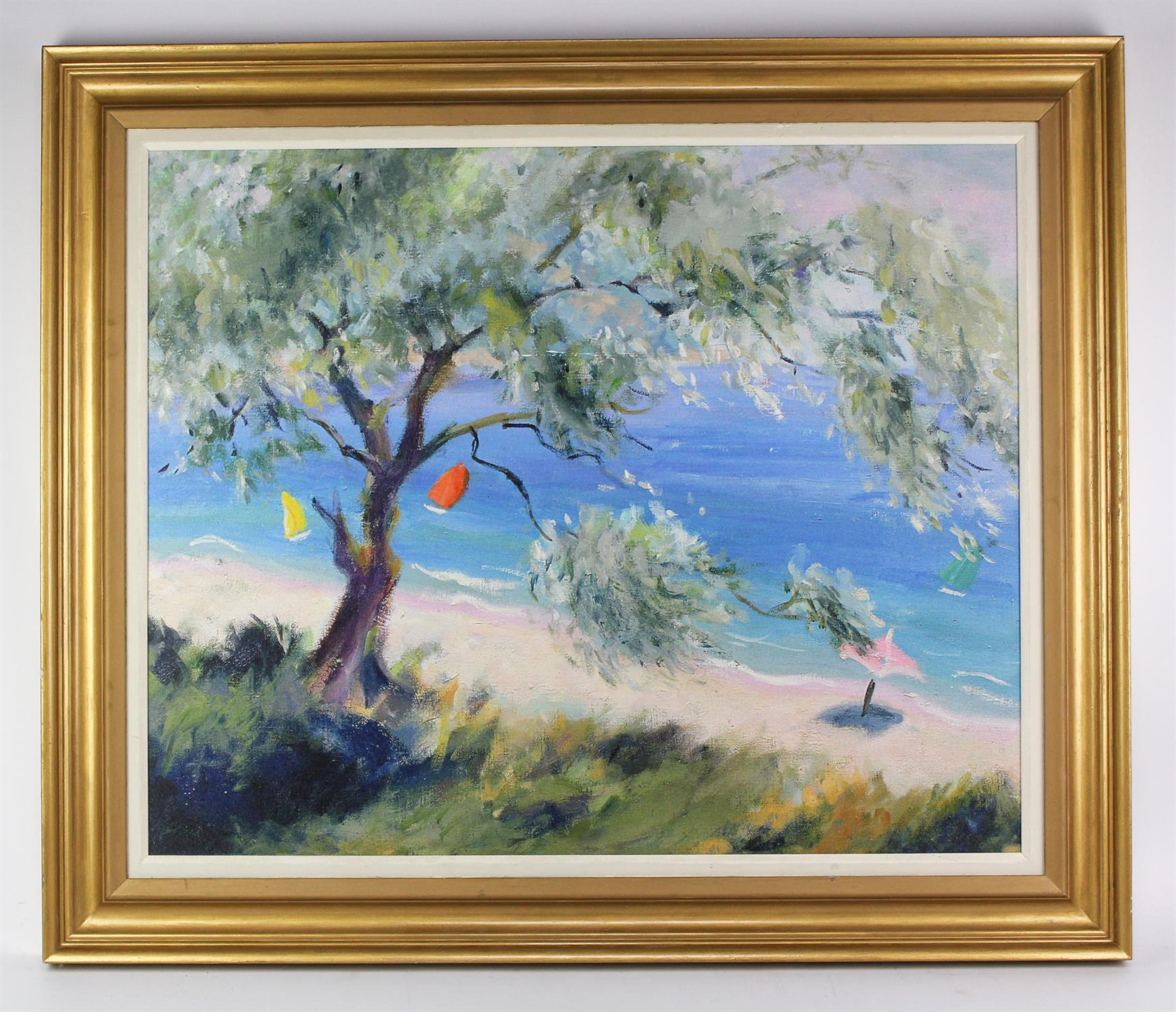 Anne Durham (1925-2001), View of a Beach, oleograph, 57 x 69cm. Framed