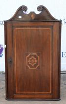 A George and later mahogany hanging corner cupboard, H 92cm, W 55cm, D 26cm