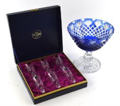 Waterford glass decanter and stopper, together with two Colleen pattern sherry glasses, in a case,