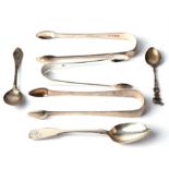 Georgian and later silver sugar tongs and other flatware, 129 gms