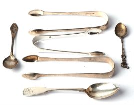 Georgian and later silver sugar tongs and other flatware, 129 gms