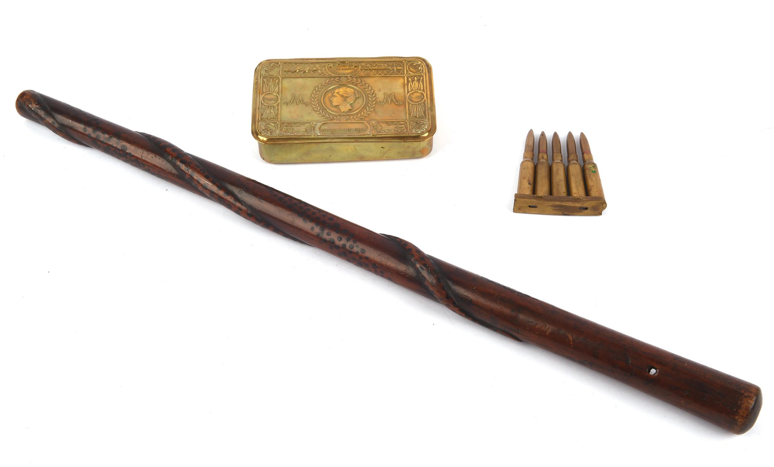 WW1 Princess Mary christmas tin, a snake carved swagger stick and spent 303 rounds together with a - Bild 2 aus 2