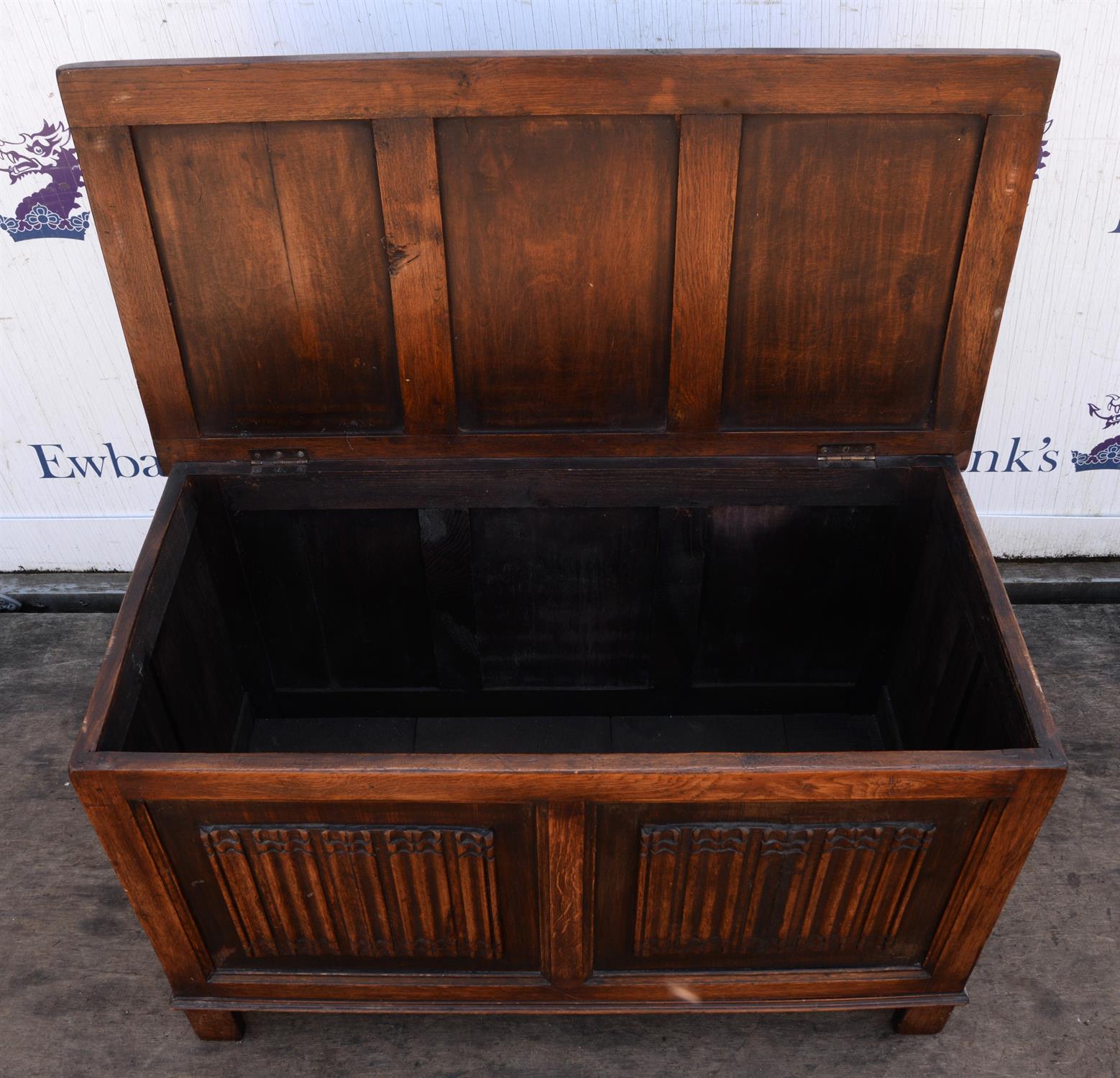An Elizabethan style oak coffer, 1920s/30s, the front with a pair of linen fold panels, H 56cm, - Image 4 of 4