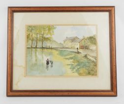 Cliff Sheldon (Contemporary), Children playing in a roadside stream, watercolour,