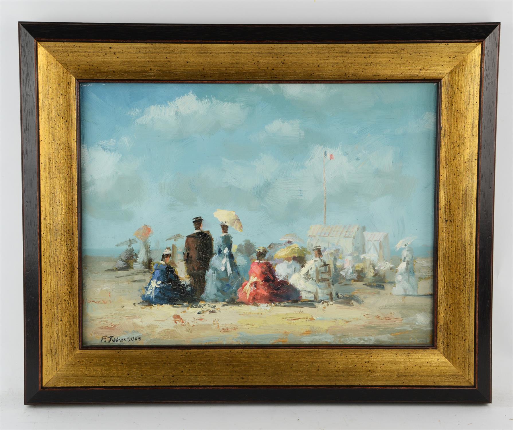 F. Johnson (20th century) in the manner of Eugene Boudin, Beach scene with figures in 19th century - Image 2 of 2