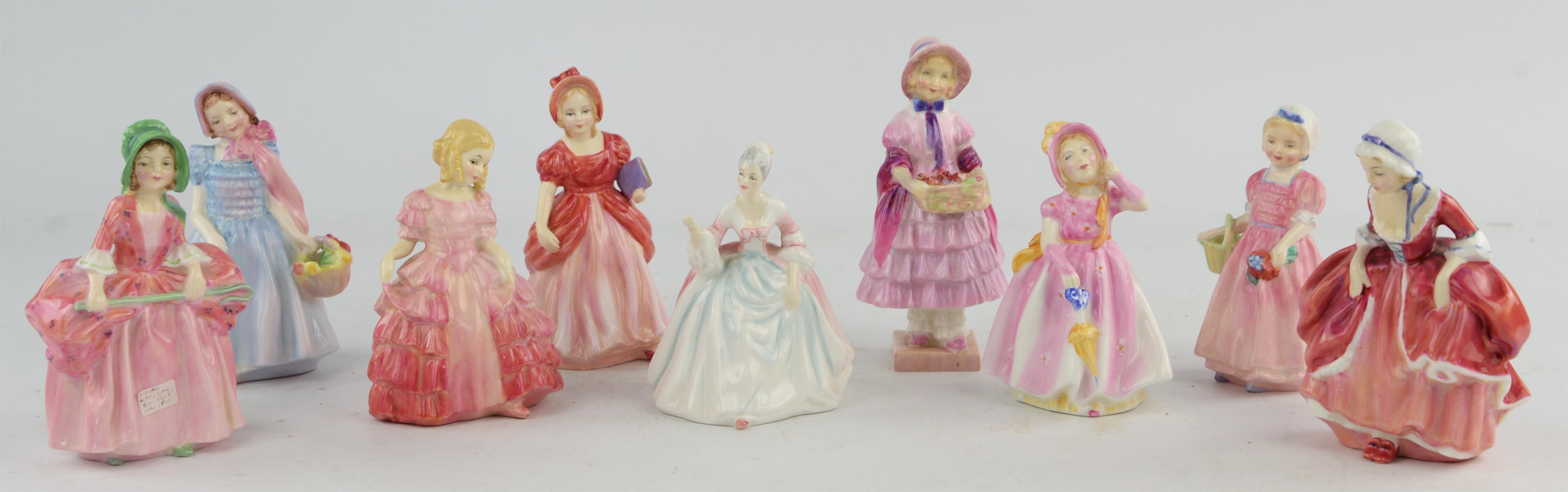 Nine Royal Doulton porcelain figurines comprising ; Greta, Tinkle Bell, Mary had a little Lamb,