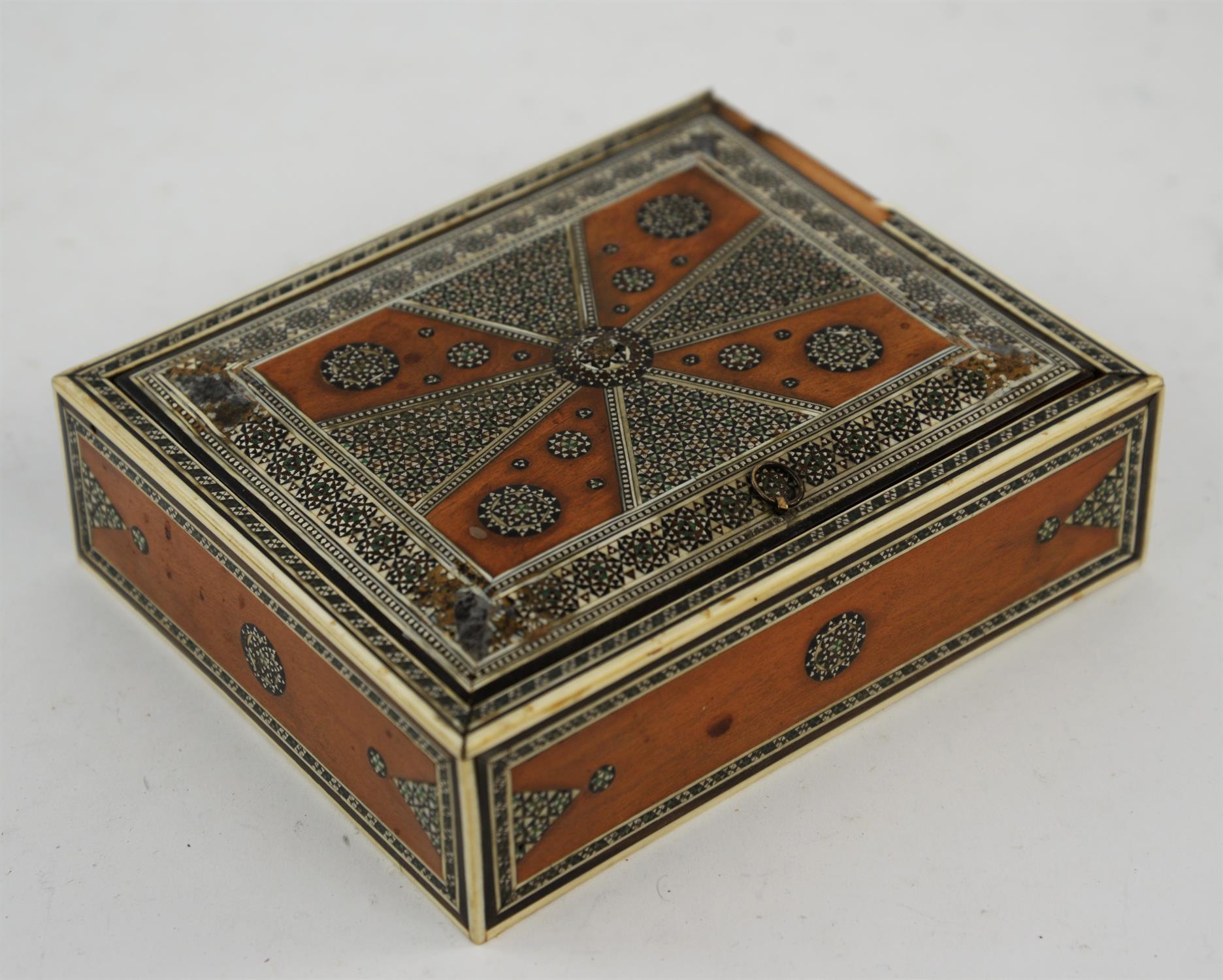 Anglo-Indian bone and metal inlaid box, 19th Century, with lifting lid to enclose seven segregated - Image 2 of 4