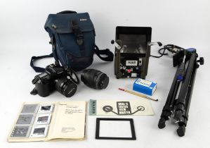 Camera equipment collection. Canon EOS 1000FN with two lenses, two camera tripods, boxed Speedlite,