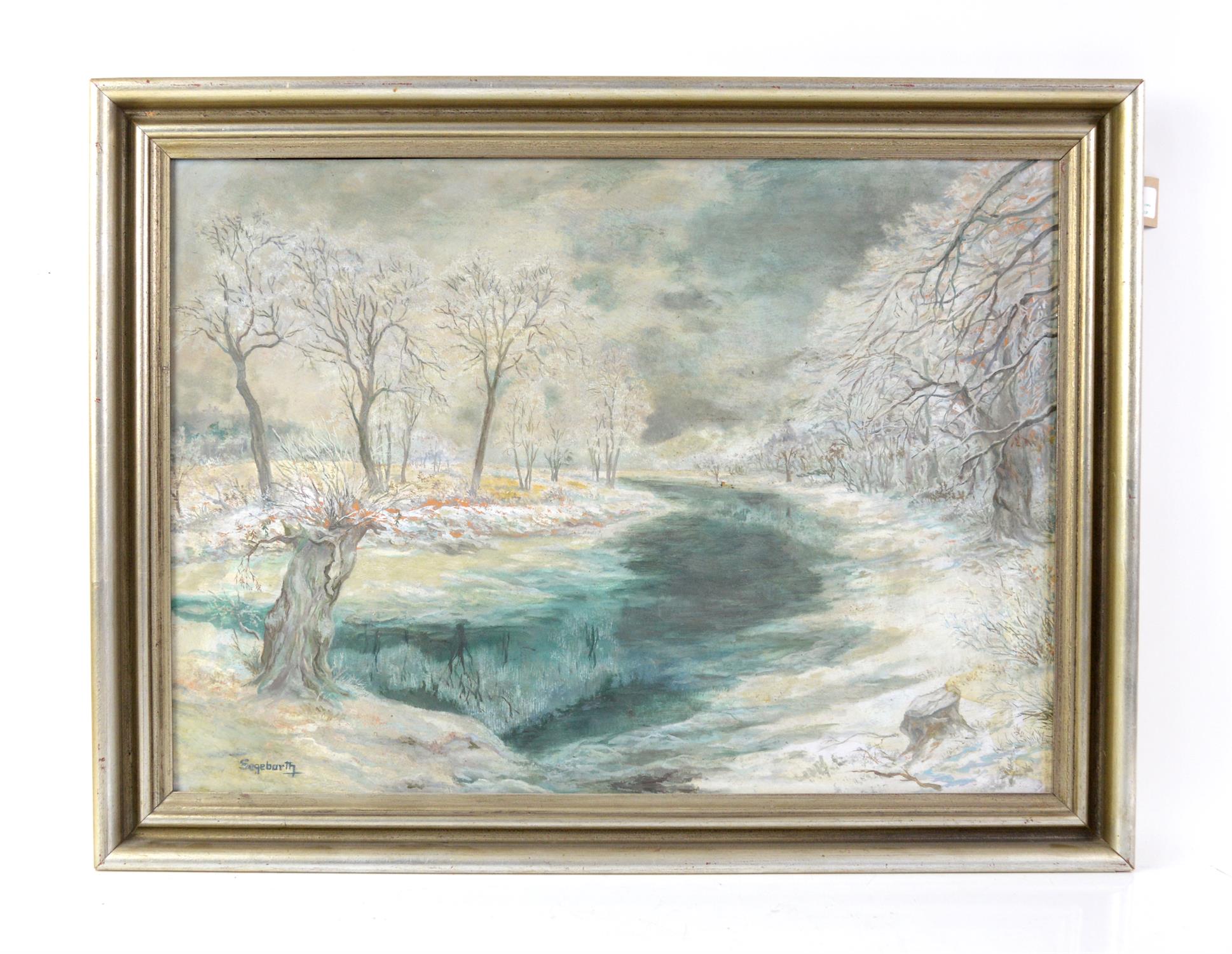 Segeburth (20th century), Winter lake landscape. Oil on board. Signed. Framed. Image size 44 x 63cm.