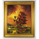 George Deakin (20th century), A clipper in full sail at sunset, oil on board, signed and dated '81