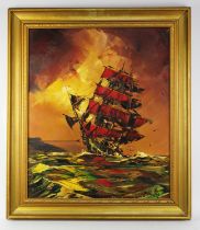 George Deakin (20th century), A clipper in full sail at sunset, oil on board, signed and dated '81