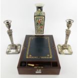 19th century rosewood writing box, Chinese vase and pair of Adam style silver plated candle sticks