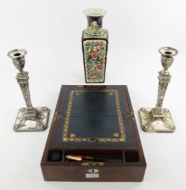 19th century rosewood writing box, Chinese vase and pair of Adam style silver plated candle sticks