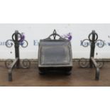 Victorian tin coal scuttle, and a pair of wrought iron fire dogs