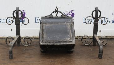 Victorian tin coal scuttle, and a pair of wrought iron fire dogs