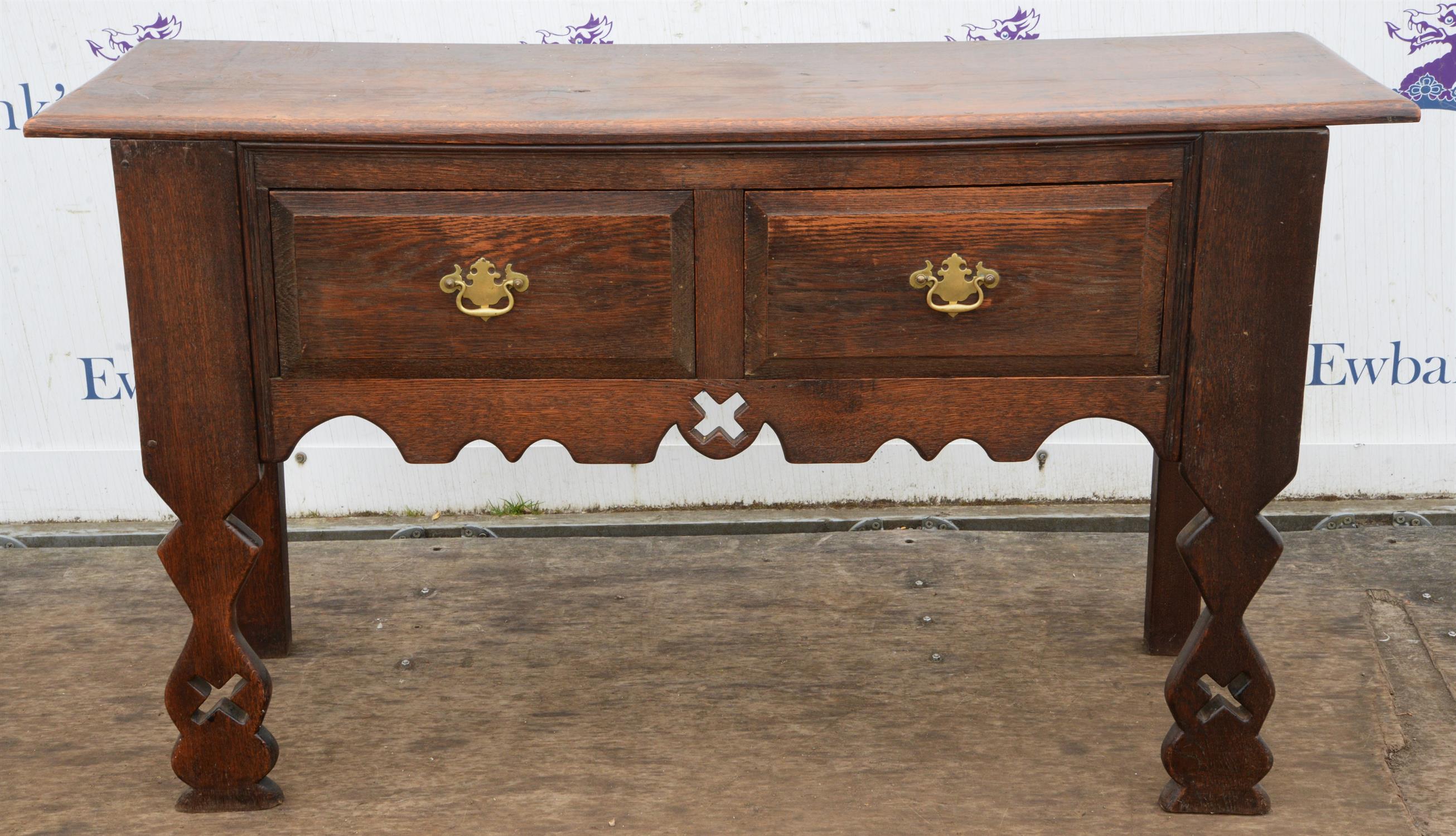 Oak side table, 20th Century, rectangular top, two frieze drawers, pierced stile legs,