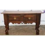 Oak side table, 20th Century, rectangular top, two frieze drawers, pierced stile legs,