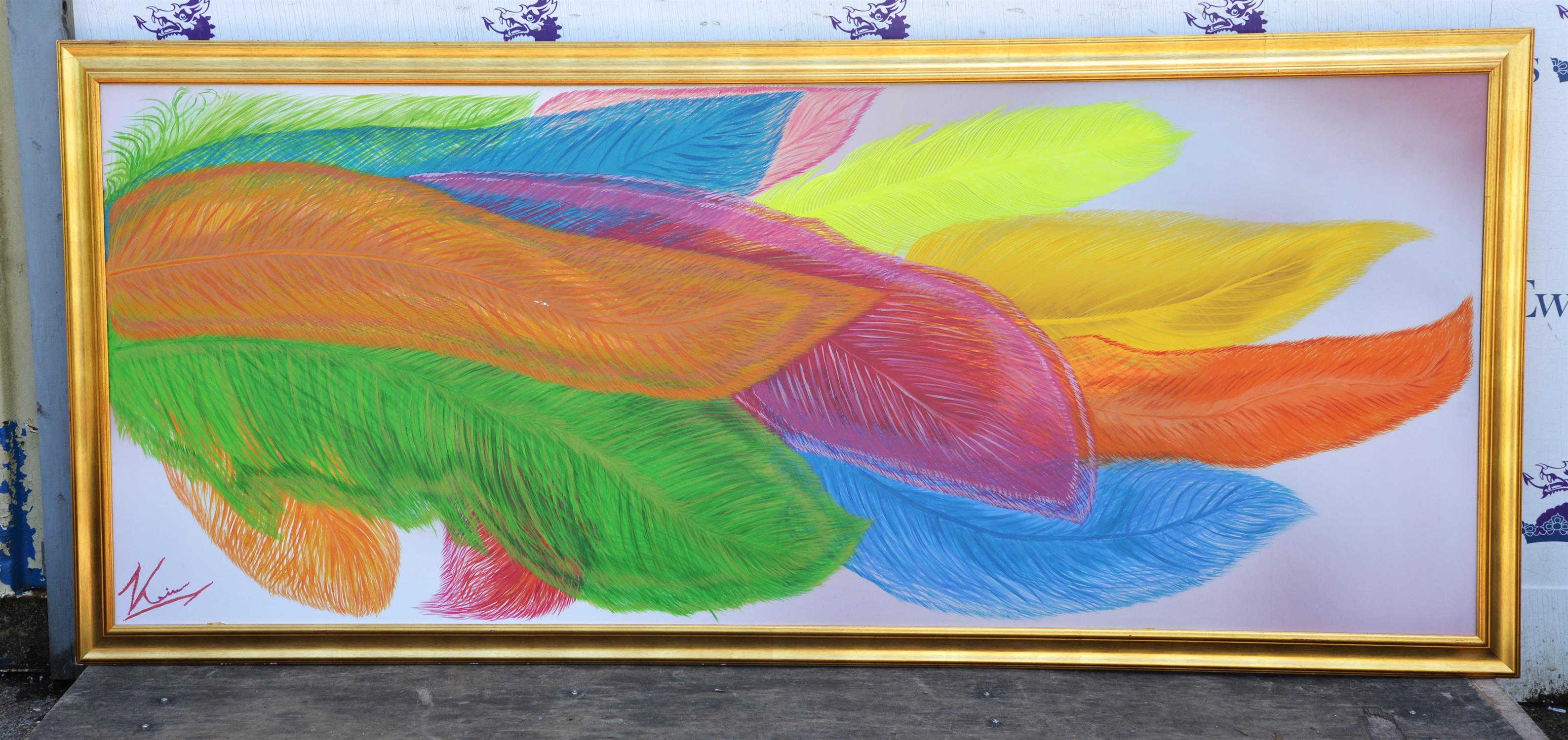 ** Klein? (contemporary), Coloured feathers, acrylic on canvas, indistinctly signed lower left,