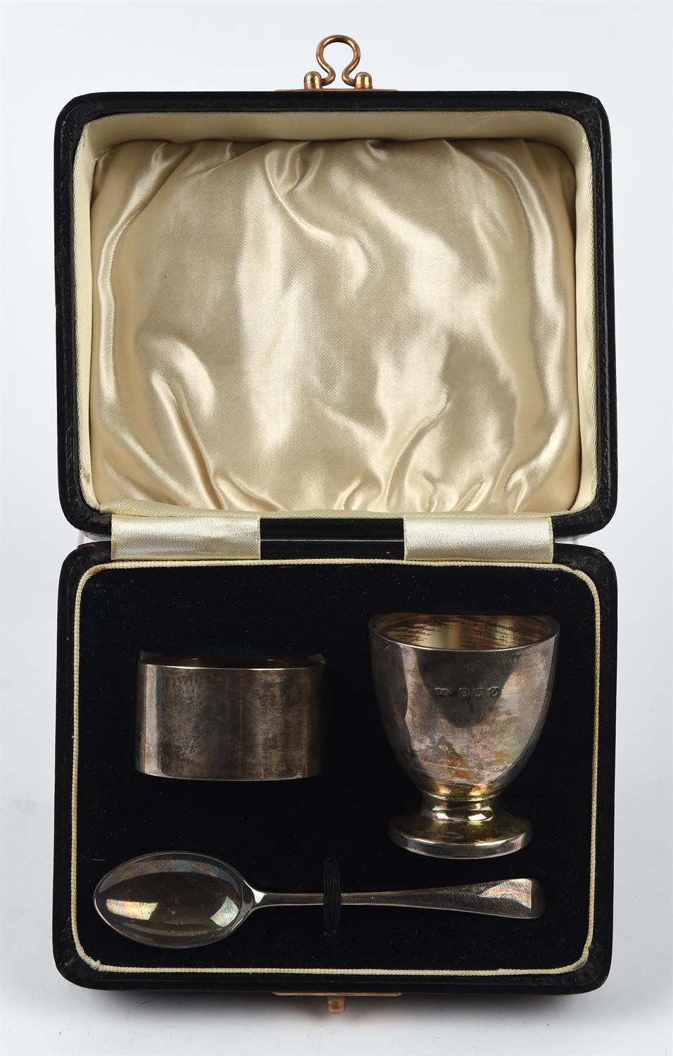 Cased 3 piece silver christening set comprising of an egg cup bears inscription 'to Timothy Oliver