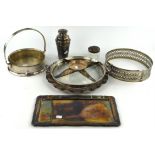 Silver plated cocktail shaker, rectangular tray, white metal cake stand, cake ring and other items