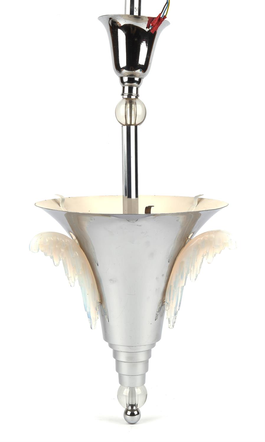 Unknown designer, a chromed metal and glass pendant light, with applied frosted glass mounts, - Image 3 of 3